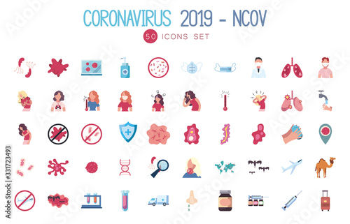 coronavirus 2019 and Covid19 concept icon set, flat style