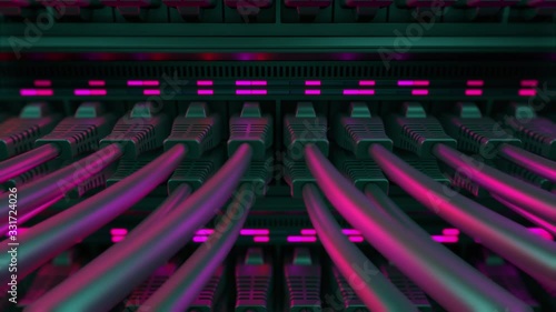 Close-up View of Modern Internet Network Switch With Plugged Ethernet Cables. Blinking Lights on Internet Server. Concept of Data Center, Cloud Computing and Telecommunications. Endless Loop.