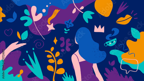 Motivo floreale del mondo femminile. Una ragazza in un giardino fiorito