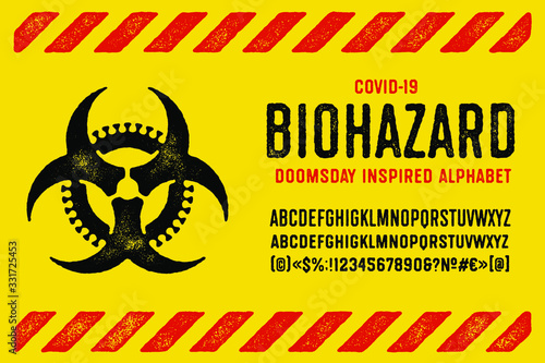 Coronavirus Apocalypse Inspired Alphabet. Covid-19 Biohazard Typeface. Corona Virus Doomsday Font. Coronavirus Caution Sign Design Elements. Distressed Textured Pandemic Lettering.