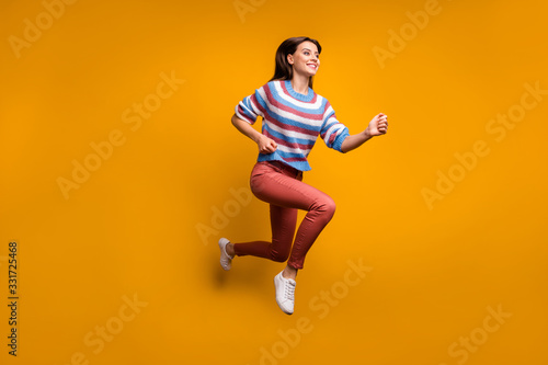 Full body photo of lovely cute pretty girl jump run after winter discount novelty hurry wear pullover gumshoes isolated over bright color background