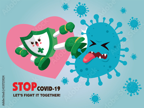 Vector cartoon hero character fighting with virus. COVID-19 Novel Coronavirus illustation.