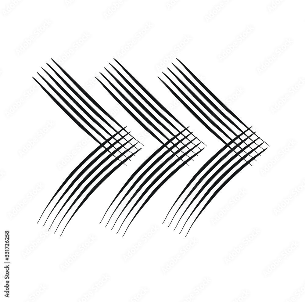 Three Black fast forward pen drawn arrows icon sketched as vector symbol.. Three Black fast forward pen drawn arrows icon sketched as vector symbol..