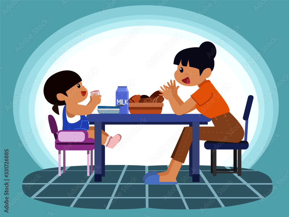 Mom and daughter eat breakfast vector illustration.Family and children characters.Flat cartoon vector illustration. Mom and daughter eat breakfast vector illustration.Family and children characters.Flat cartoon vector illustration.
