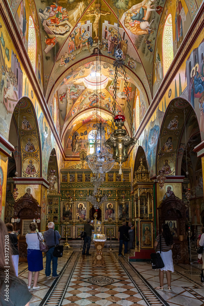 The central hall in the interior of the Greek Orthodox Monastery of the Transfiguration located on Mount Tavor near Nazareth in Israel