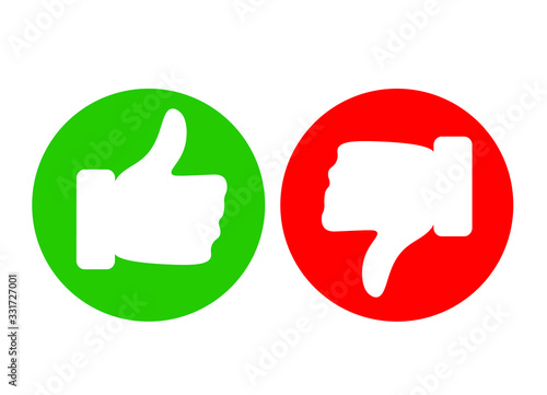 Flat design of like and dislike symbols. Thumbs up and thumbs down gestures. Vector illustration. Isolated