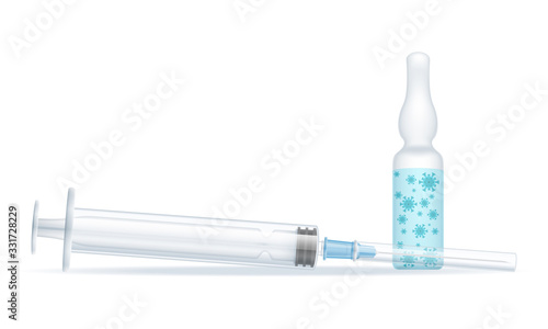 syringe and ampoule with virus bacteria for vaccination coronavirus covid-19 stock vector illustration