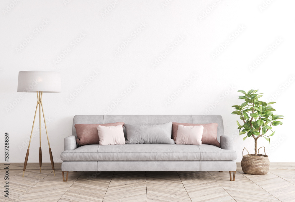 Mock up modern interior sofa in living room, empty wall, Scandinavian style, 3D render - obrazy, fototapety, plakaty 