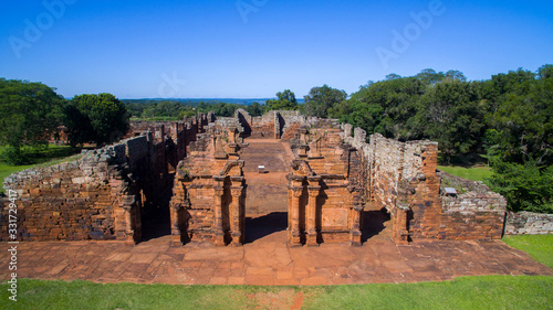 Aerial view San Ignacio Miní, Jesuit Mission of the Guarani, UNESCO World Heritage Site. Main temple entrance. photo
