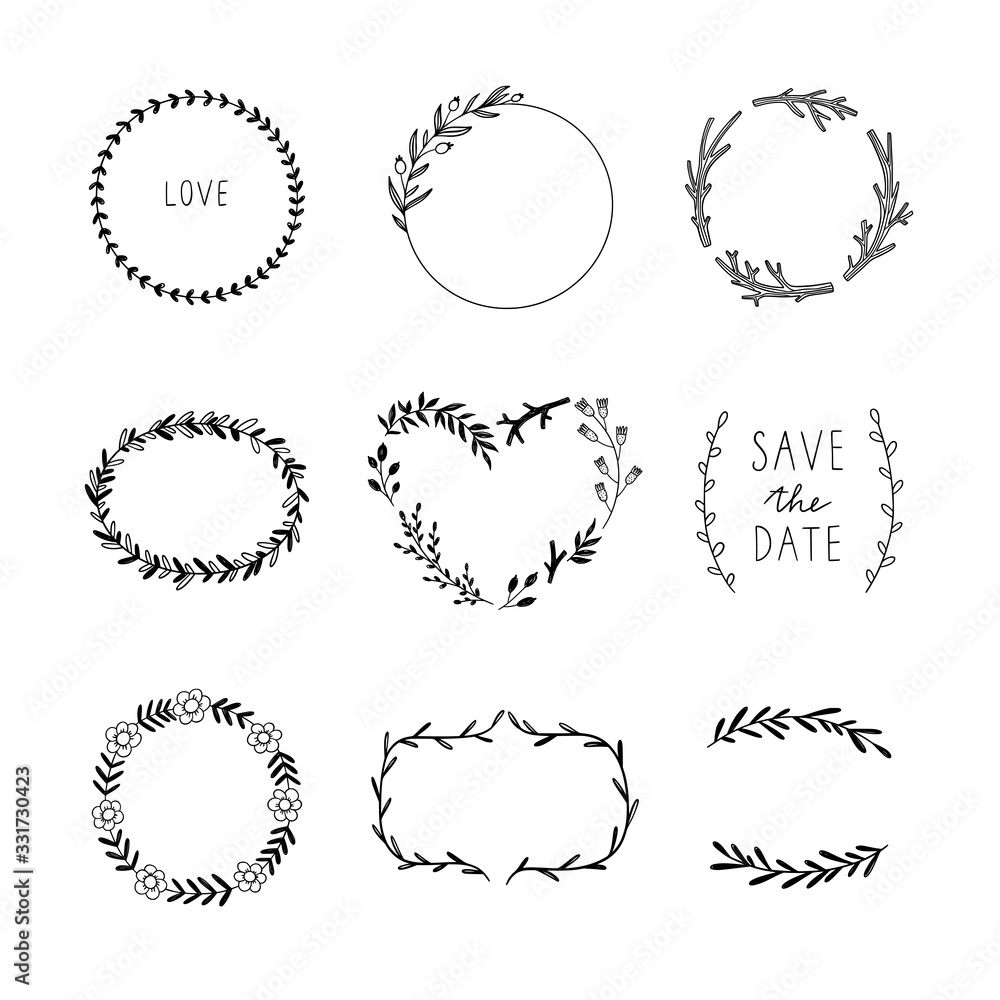 Wreaths vector set. Beautiful black outline floral frames with lettering isolated on white background Wreaths vector set. Beautiful black outline floral frames with lettering isolated on white background