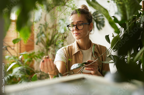Young botanist in eyeglasses holding branch of decorative plant in her hand and examining it