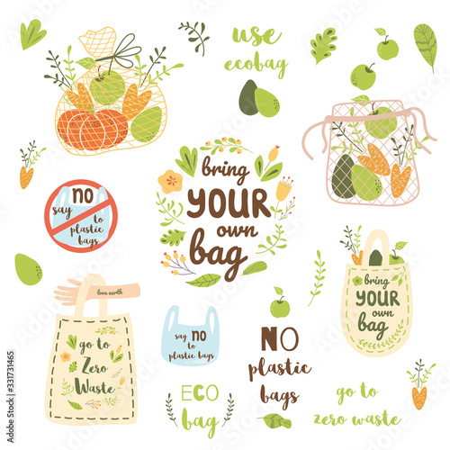 Bring your own bag set Shopping net full of food. Zero waste concept. No plastic collection Hand drawn vector
