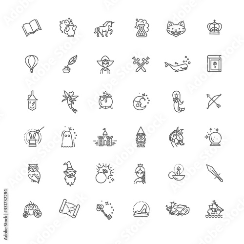 Magic and Alchemy thin line art icons set. Fairy tale, fantasy, fiction book