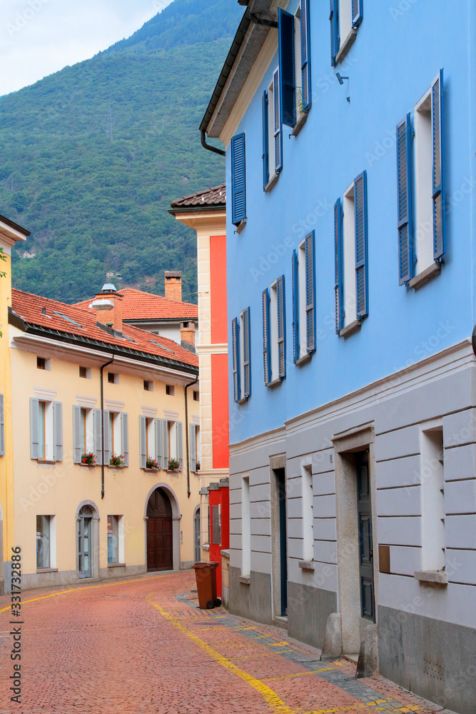 colorful houses and street in bellinzona city in italy