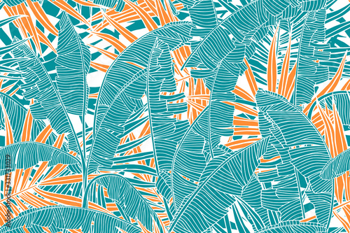 Tropical leaves pattern. Seamless texture with banana leaves and palm tree leaf.  .Banner for the travel and tourism industry, summer sale. .Colorful, bright floral design element, print for fabrics.