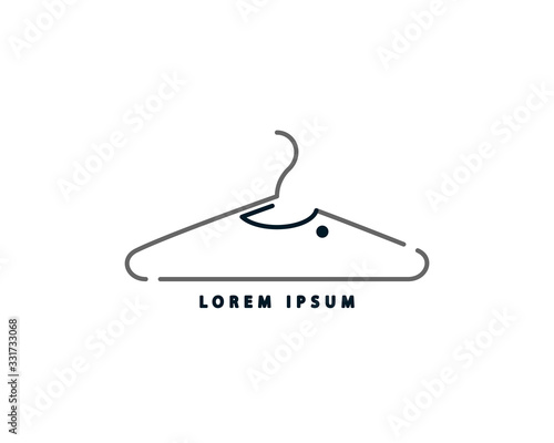 Clothes rack, hanger. Simple linear icon, symbol, label for sewing workshop, shop, atelier, tailoring or custom-made clothes.