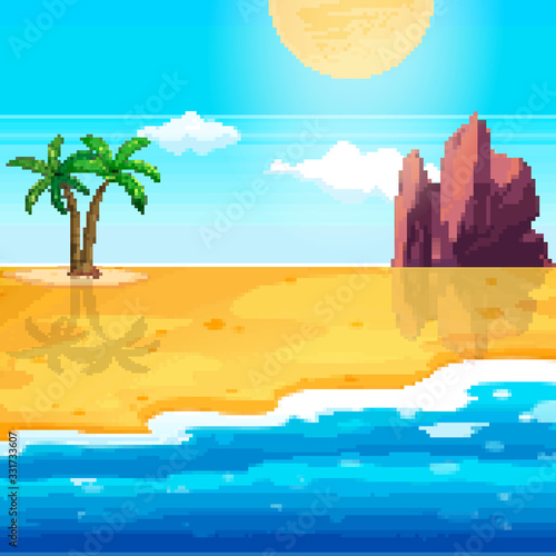 Pixel background for summer vacation.Summer beach game background. Pixel art 8 bit. 