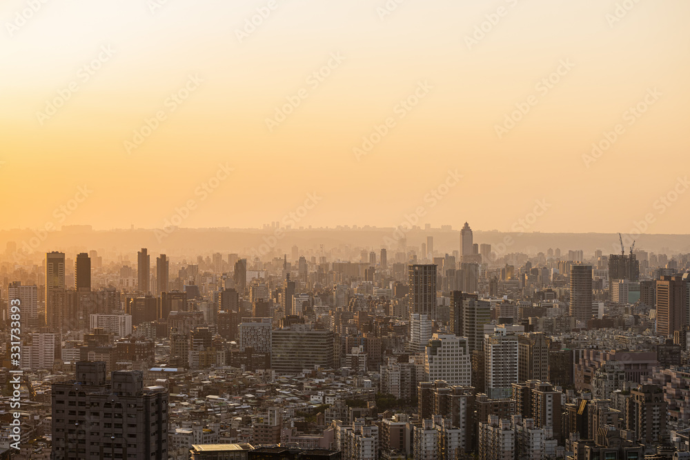 View from above, stunning sunset over the Taipei City skyline. Panoramic view from the Mount Elephant in Taipei. Taipei officially Taipei City, is the capital and a special municipality of Taiwan.