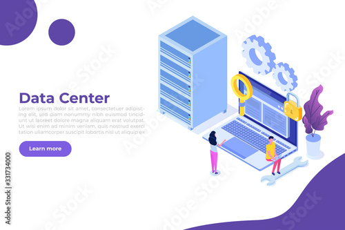 IT  Administrators server, systems configuration, network upkeeping, Data center  concept. Flat isometric vector illustration