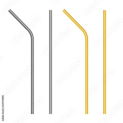 Reusable steel, metal straws set. Realistic vector illustration.