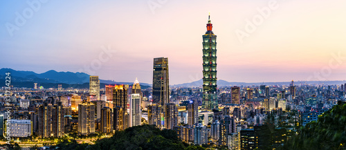 View from above  stunning view of the Taipei City skyline illuminated during a beautiful sunset. Panoramic view from the Mount Elephant in Taipei  Taiwan.