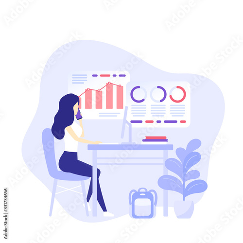 data analytics, girl working with computer in the office, vector