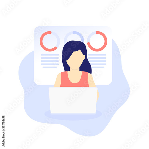 data analytics, girl working with laptop, vector