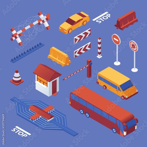 Set isometric of border closure, cars and equipment, stop coronavirus sign on blue bckground. Vector concept collection