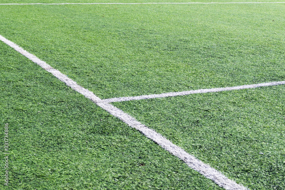 Obraz premium white stripes of marking on a green soccer field