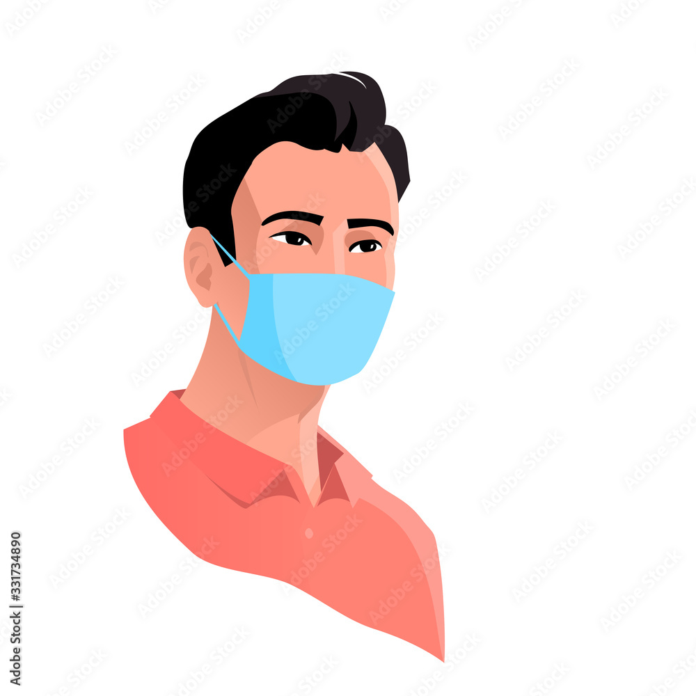A Chinese man or other nationality in a protective mask. Coronavirus pandemic or other epidemic. Vector isolated illustration.