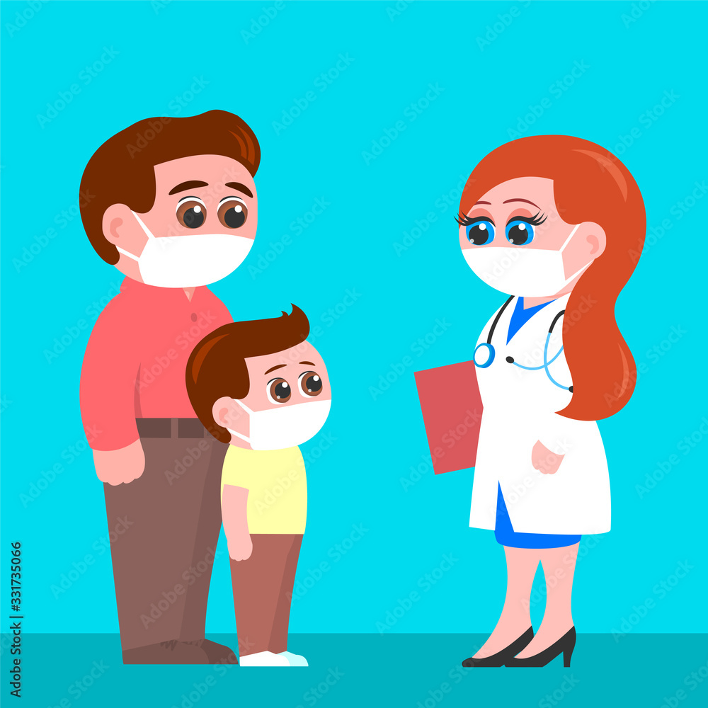 Father and son in protective masks turned to a woman doctor. Female pediatrician. Coronavirus pandemic or other epidemic. Cartoon vector illustration. Father and son in protective masks turned to a woman doctor. Female pediatrician. Coronavirus pandemic or other epidemic. Cartoon vector illustration.