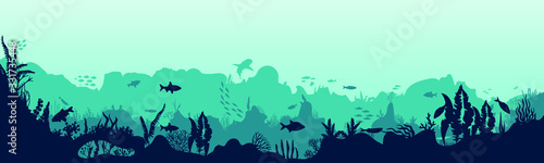 Silhouette of fish and algae on a reef background. Parmarma ocean scene. Deep blue water, coral reef and underwater plants. vector landscape with a ree