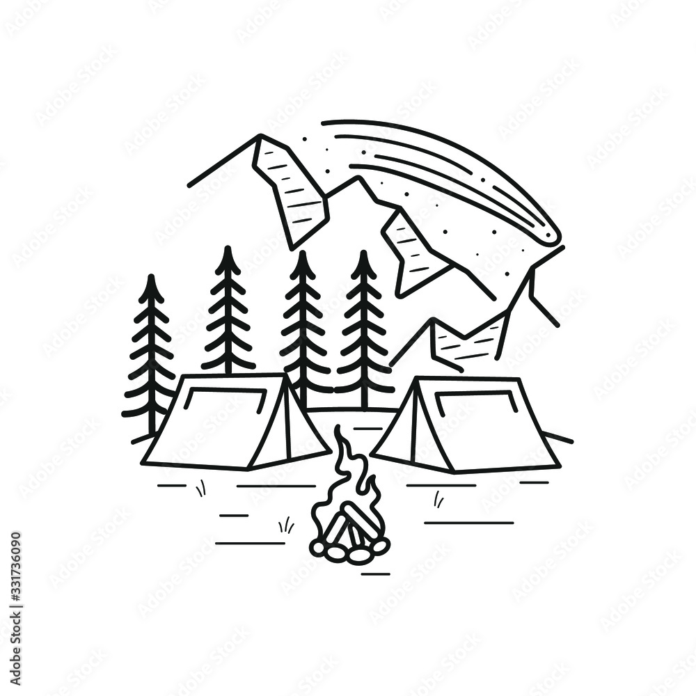 mountain line art with emblems. Summer vector illustrations. Design for t-shirt, stamp, label, logo, etc. isolated vector graphic.