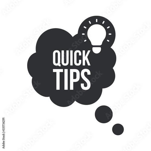 Quick tips, helpful tricks, tooltip, hint for website. Banner with useful information. Vector icon of solution, advice. Black speech bubble with text on background