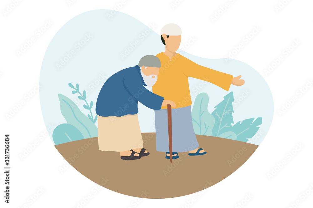 Young muslim man help old man cross a walk Ramadan Kareem vector illustration