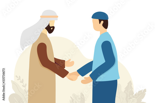 Happy Eid Mubarak. Two Muslim Men Shake Hands Vector Illustration