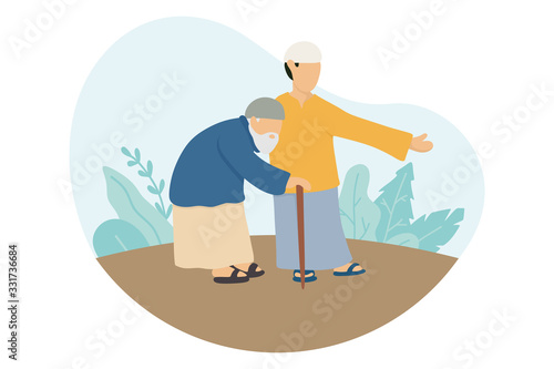 Young muslim man help old man cross a walk Ramadan Kareem vector illustration