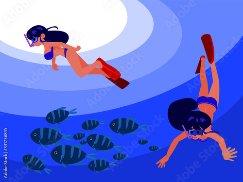 Women swim under the water in a scuba diving with fish.vector illustration underwater