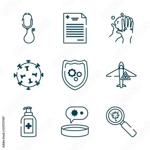 stethoscope and covid 19 concept icon set, line style