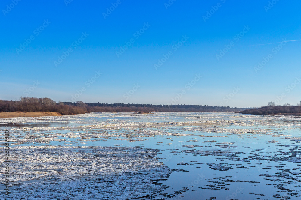 ice drift on the river on a spring day