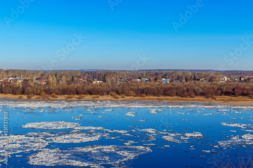 ice drift on the river on a spring day