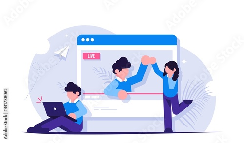 Concept of on-line video or live streaming. The blogger communicates with viewers and subscribers. View the broadcast in the browser. Modern flat vector illustration.