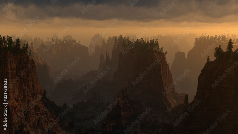 Rough desert mountains with trees under cloudy sky. 3D render.