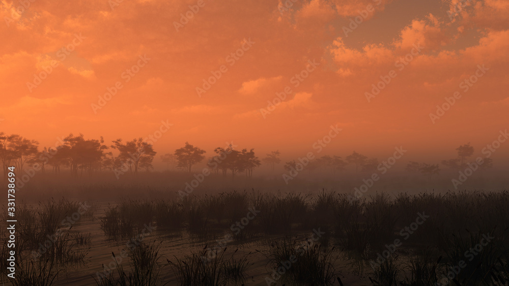 Grassland with trees under cloudy sky at sunset. 3D render. Grassland with trees under cloudy sky at sunset. 3D render.
