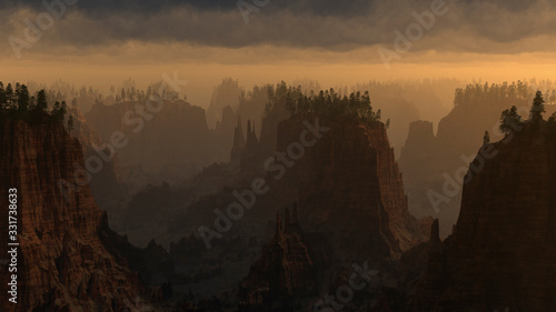 Rough desert mountains with trees under cloudy sky. 3D render.