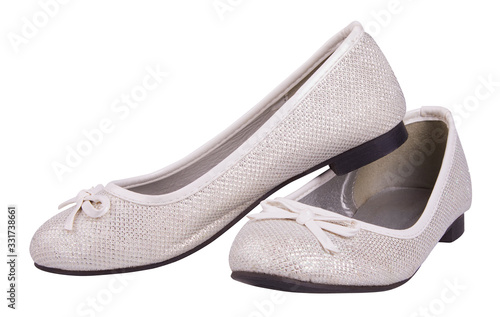 Silver glitter flat shoes (ballet flats) isolated on white background with clipping path