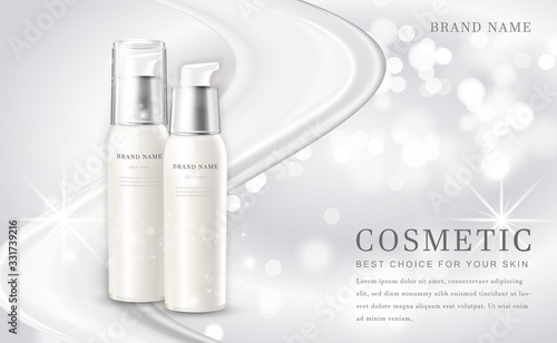 Vector 3D cosmetic make up illustration product bottle with elegant white shiny background