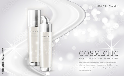 Vector 3D cosmetic make up illustration product bottle with elegant white shiny background