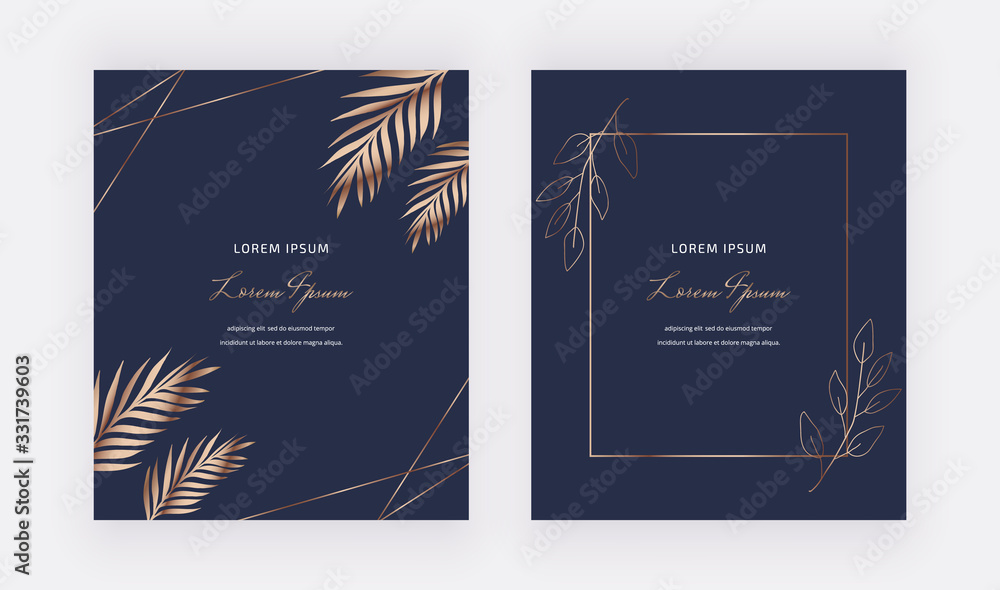Geometric navy blue cards with golden leaves, lines and frames. Trendy ...