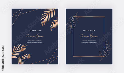 Geometric navy blue cards with golden leaves, lines and frames. Trendy templates for wedding invitation, banner, flyer, poster, greeting.